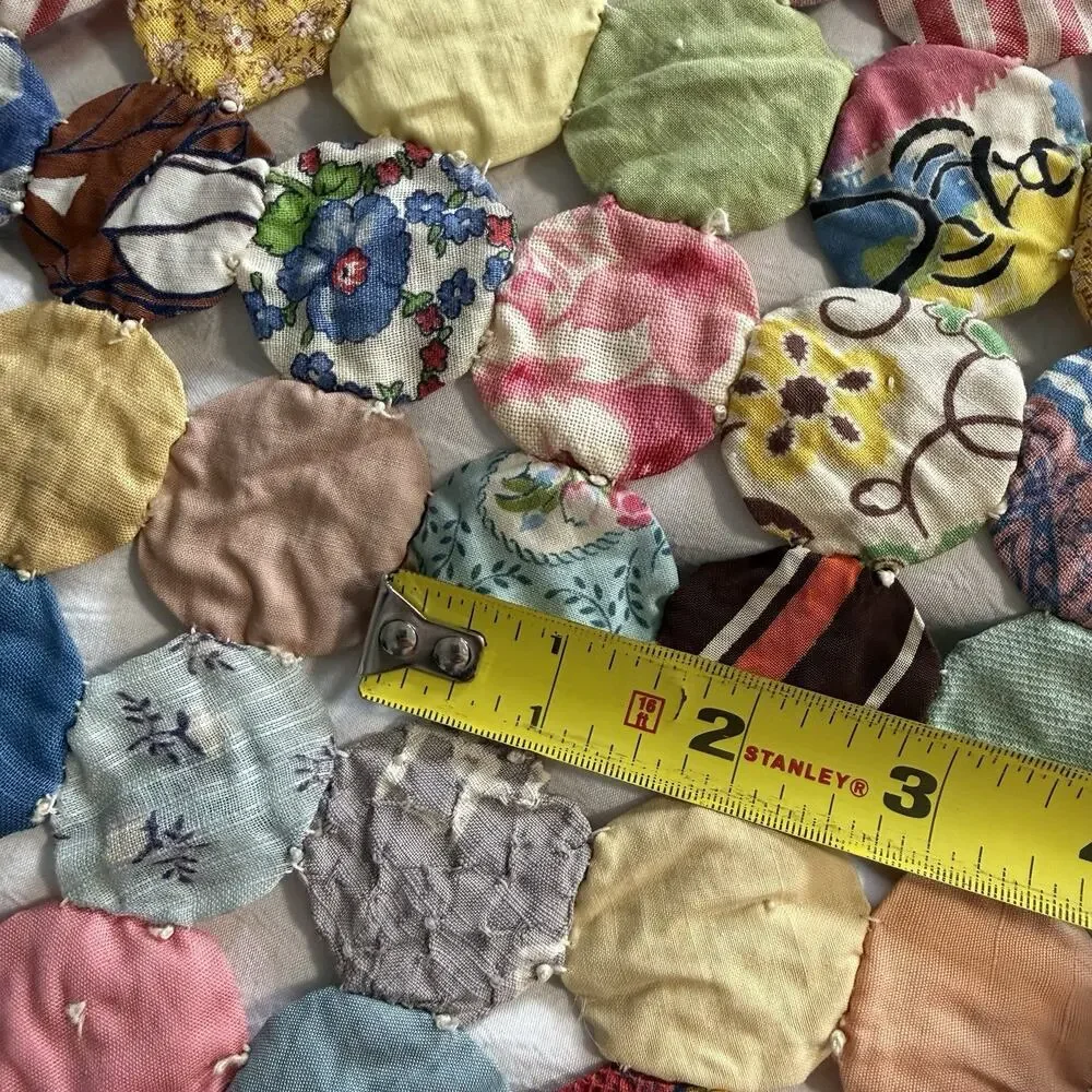 Antique Vintage Yo Yo Yoyo Circle Popcorn Handmade Sewn Quilt Coverlet 52”x84”